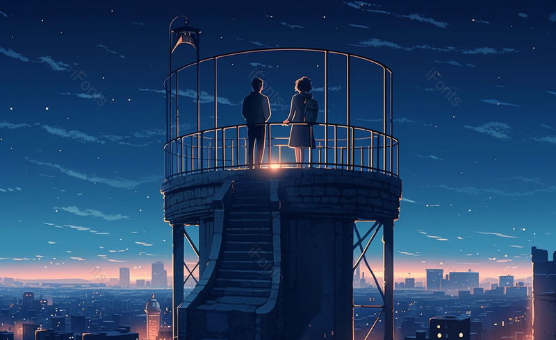 浪漫星空灯塔上的情侣插画背景,插画/手绘图,插画/手绘图库,插画/手绘图下载,插画/手绘